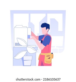 Coffee machine maintenance isolated concept vector illustration. Repairman fixing automatic coffee machine in the office, corporate business, fast maintenance service vector concept.