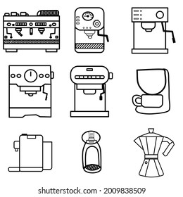 Coffee machine and maker equipment vector icon set. Flat style. Moka pot. Espresso making. line symbols. Isolated vector illustration outline. 