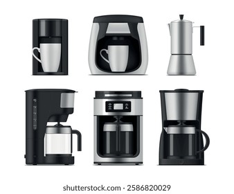 Coffee machine maker modern electric and mechanical device for kitchen set realistic vector illustration. Electrical appliances for hot caffeine beverage cooking press utensil kettle