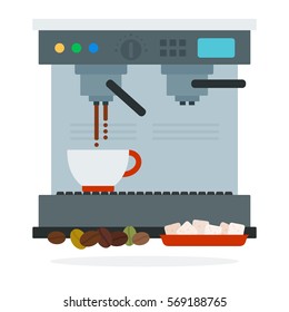 Coffee machine makes coffee coffee beans and sugar cubes vector flat material design isolated on white