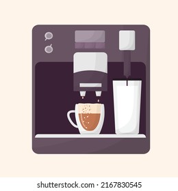 La cafetera produce capuchino o latte. Rutina matutina. Levántate y vigor. taza transparente con café