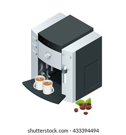 Coffee machine makes two coffee with coffee beans on write background. Flat 3d isometric vector illustration. For infographics and design. 