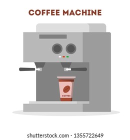 Coffee machine making hot tasty morning drink. Espresso and cappuccino, latte. Automated coffee maker. Flat vector illustration