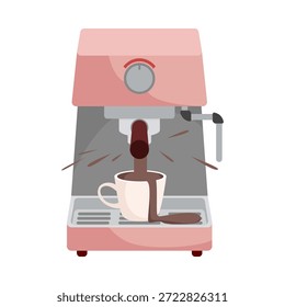 Fehlfunktion der Kaffeemaschine mit Espresso-Überlauf auf Tasse, Hervorhebung beschädigter elektronischer Geräte und Geräteprobleme, einzeln auf weißem Hintergrund, Vektorgrafik