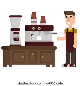 Coffee machine and coffee mill isolated on white background. Flat vector illustration. Coffee maker.