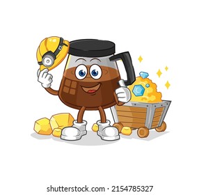 coffee machine miner with gold character. cartoon mascot vector