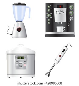 Coffee Machine, mixer, blender. A set of kitchen appliances. Vector Image.