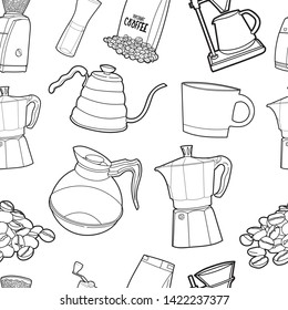 Coffee machine model And seamless coffee equipment Doodle pattern.- Vector