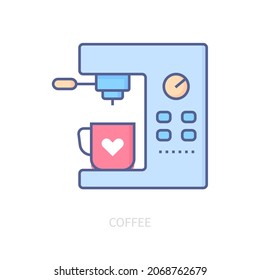 Coffee machine - modern line design style icon on white background. Neat detailed image of special kitchen equipment for making latte, americano, cappuccino and other energetic hot and tasty drinks