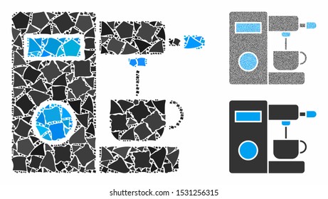 Coffee machine mosaic of abrupt pieces in various sizes and color tints, based on coffee machine icon. Vector humpy items are composed into mosaic. Coffee machine icons collage with dotted pattern.