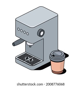 Coffee machine, mug. Vector 3d sketch line isometric, color icon illustration, flat style. Creative design idea and elements for infographics and website.