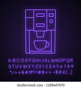 Coffee machine neon light icon. Electric coffeemaker. Coffee house or cafe appliance. Glowing sign with alphabet, numbers and symbols. Vector isolated illustration