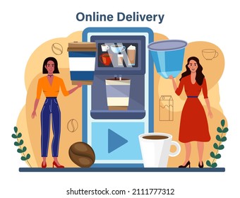 Coffee machine online service or platform. Barista making a cup of coffee. Espresso, capsule, drip automatic coffee machine. Online delivery. Flat vector illustration