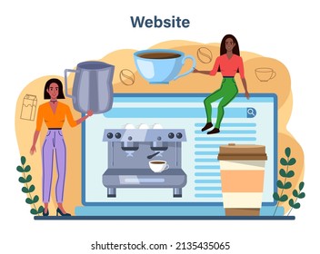 Coffee machine online service or platform. Barista making a cup of coffee. Espresso, capsule, drip automatic coffee machine. Website. Flat vector illustration