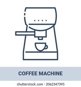 Umrisssymbol der Kaffeemaschine mit Titel. Symbole für elektronische Haushaltsgeräte und Küchen. Vektormonochrome Illustrationen einzeln auf weißem Hintergrund.