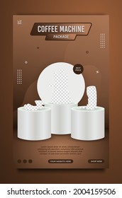 Coffee machine package promotion social media story template, sale and discount background, vector illustration.