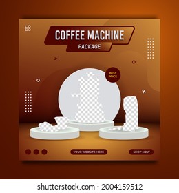 Coffee machine package promotion social media post banner template, sale and discount background, vector illustration.