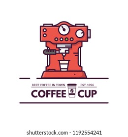 Coffee machine with paper cup and logo of coffee shop. Coffee maker machine with mug and text. Restaurant kitchen equipment. Line style vector illustrations with thick lines.