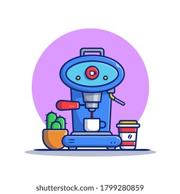 Coffee Machine Pod, Mug, Cup And Cactus Cartoon Vector Icon Illustration. Coffee Machine Icon Concept Isolated Premium Vector. Flat Cartoon Style