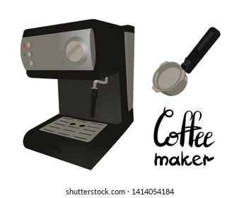 Coffee machine with portafilter. Lettering coffee maker. Isolated isometric vector illustration.