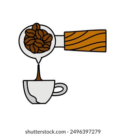 coffee machine portafilter pouring liquid into cup hand drawn color vector illustration