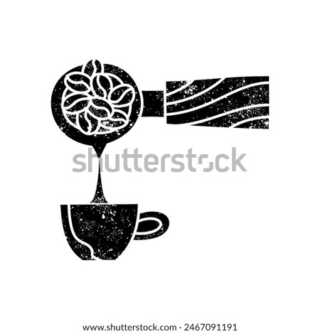 Coffee machine portafilter pouring liquid into cup black hand drawn icon in grunge look