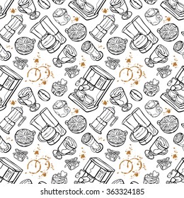 Coffee machine. Coffee pot and coffee cup. Coffee stains. Coffee splashes. Coffee dessert. Vector seamless pattern (background).