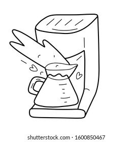 Coffee machine for preparing coffee, vector isolated line art, linear illustration of coffee maker. Trendy outline ink style, good as icon, logo for coffee shop, hand drawn artwork.