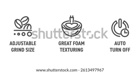Coffee machine properties icons set - Great foam texturing, Auto turn off, Adjustable grind size. Pictograms for labeling in bold line
