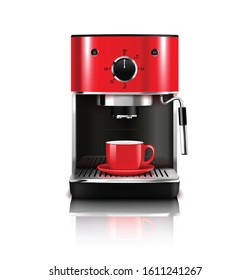 Coffee machine realistic composition with stylish red model for brewing hot drinks with cup and reflection vector illustration