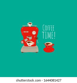 Coffee machine with red cup. Funny image. Vector illustration. Coffee technology. Use for the menu, coffee shop, in the bar, the card or stickers.