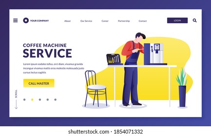 Coffee machine repair service. Handyman master fixing kitchen electronics equipment. Vector flat cartoon character repairman illustration. Home maintenance services concept
