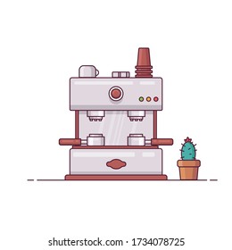 Coffee Machine Retro and Cactus Minimalist Flatline Design Vector Illustration