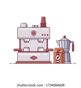 Coffee Machine Retro and Pot Minimalist Flatline Design Vector Illustration