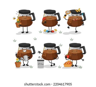 coffee machine save the earth group. cartoon mascot