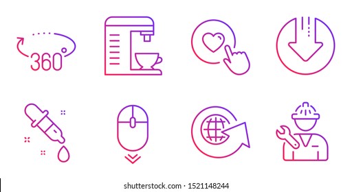 Coffee machine, Scroll down and Chemistry pipette line icons set. Download arrow, 360 degrees and World globe signs. Like button, Repairman symbols. Cappuccino machine, Mouse swipe. Vector