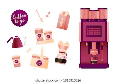 Coffee machine set. Carton Box to Go. Outside. Alternative Pot. Milk box. Sugar cubes. Coffee beans. Cup to Go. Spoon. Logotype Sticker. Pour Over. Automatic Pink coffee machine concept.
