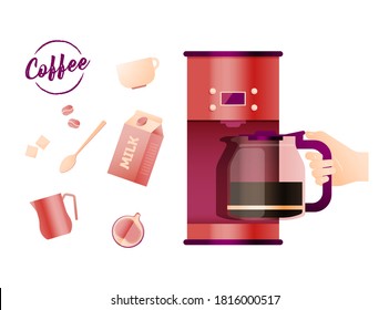 Coffee machine set. Milk jug. Milk Carton Box. Sugar cubes. Coffee beans. Cup. Glass. Spoon. Fig slice. Automatic Pink Coffee Machine Concept. Logotype.