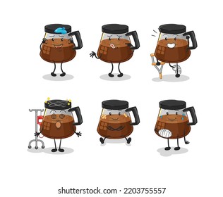 personaje de grupo enfermo de máquina de café. vector de mascota de dibujos animados