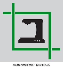 Coffee machine sign. Black icon inside green crop tool at light gray background