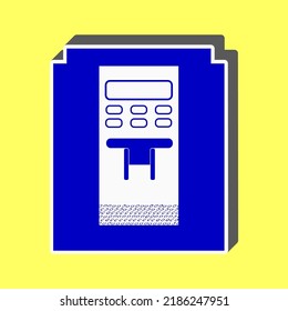 Cartel de la máquina de café. Icono azul con trazo blanco en 3d en fondo amarillo. Ilustración.