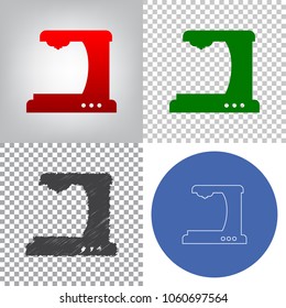 Coffee machine sign. Vector. 4 styles. Red gradient in radial lighted background, green flat and gray scribble icons on transparent and linear one in blue circle.