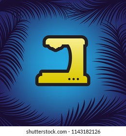 Coffee machine sign. Vector. Golden icon with black contour at blue background with branches of palm trees.