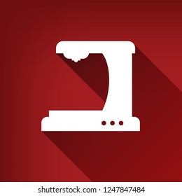 Coffee machine sign. Vector. White icon with limitless shadow at ruby red background.
