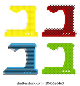 Coffee machine sign. Vector. Yellow, red, blue, green icons with their black texture at white background.