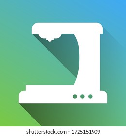 Coffee machine sign. White Icon with gray dropped limitless shadow on green to blue background. Illustration.