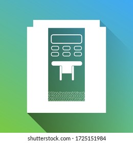 Coffee machine sign. White Icon with gray dropped limitless shadow on green to blue background. Illustration.
