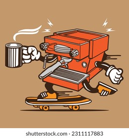 Diseño de personaje de Skateboarding Skateboarding para Coffee Machine Skater Mascot Vector Skateboarding