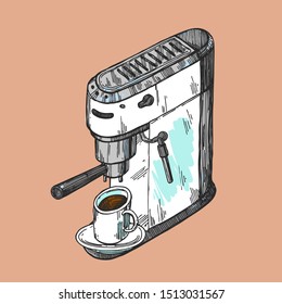 Coffee machine sketch. Hand drawn vector illustration. Premium coffe for a better morning.