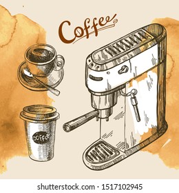 Coffee machine sketch. Hand drawn vector illustration. Premium coffe for a better morning.